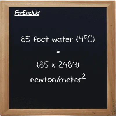 How to convert foot water (4<sup>o</sup>C) to newton/meter<sup>2</sup>: 85 foot water (4<sup>o</sup>C) (ftH2O) is equivalent to 85 times 2989 newton/meter<sup>2</sup> (N/m<sup>2</sup>)